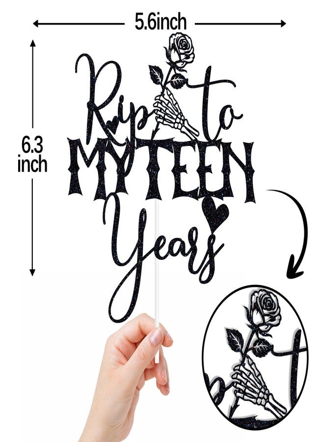 ZACHAKO Black Glitter Rip to My Teen Years Cake Topper, Skeleton Skull Hand Rose Birthday Décor, Gothic Old English Themed 20th Birthday Party Decorations - Image 2